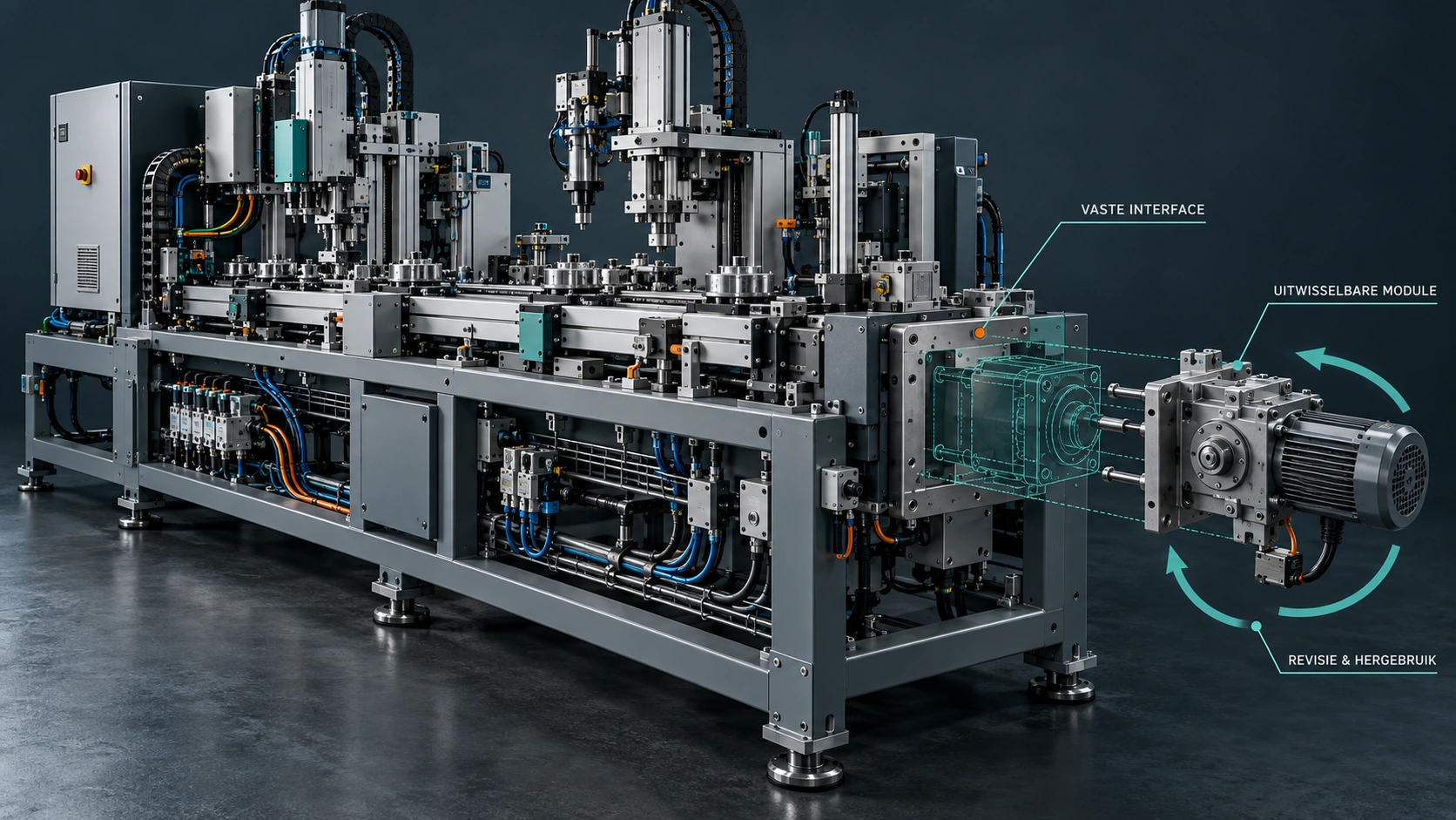 Illustratie van een industriële machine met een uitneembare aandrijfmodule, een vaste interface en pijlen voor revisie en hergebruik